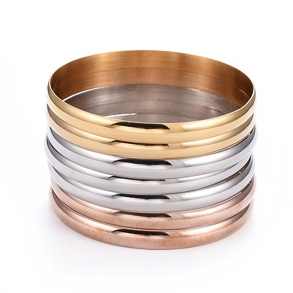 

PandaHall Fashion Tri-color 304 Stainless Steel Buddhist Bangle Sets, Multi-color, 2-1/8 inch(5.5cm), 7pcs/set 304 Stainless Steel