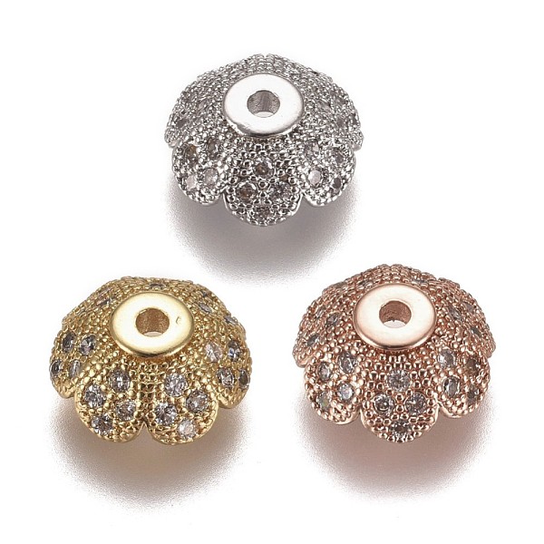 

PandaHall Multi-Petal Brass Micro Pave Clear Cubic Zirconia Bead Caps, Flower, Mixed Color, 8x3.5mm, Hole: 1.2mm Brass+Cubic Zirconia Clear