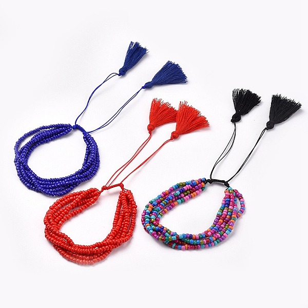 

PandaHall Adjustable Glass Seed Beads Braided Bead Bracelets, Multi-strand Bracelets, with Nylon Thread and Cotton Thread Tassel, Mixed..., Multicolor