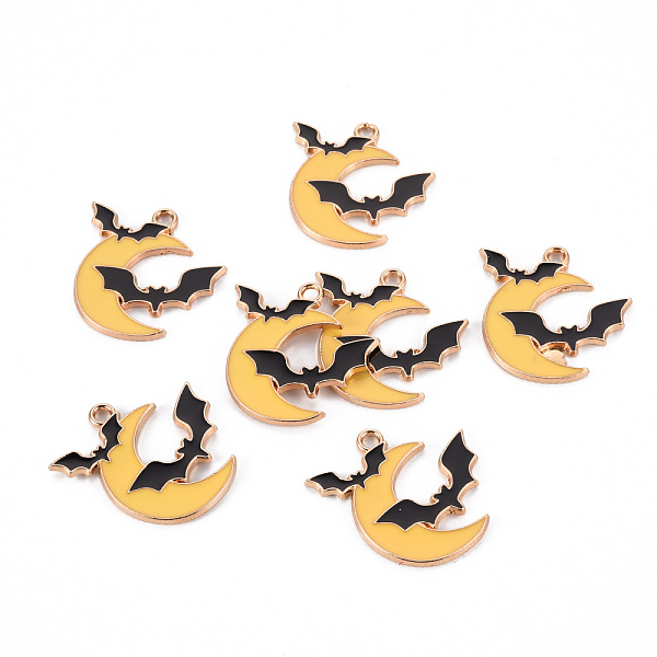 

PandaHall Eco-Friendly Alloy Enamel Pendants, Cadmium Free & Lead Free & Nickel Free, Light Gold, Halloween, Moon with Bat, Yellow...