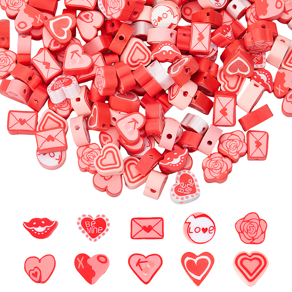 

PandaHall SUNNYCLUE 200Pcs 10 Styles Valentine's Day Theme Handmade Polymer Clay Beads, Heart & Lip & Rose & Flat Round & Envelope, Mixed..., Multicolor