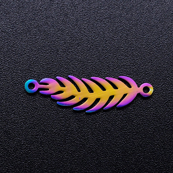 

PandaHall Ion Plating(IP) 201 Stainless Steel Links, Feather, Rainbow Color, 22x6.5x1mm, Hole: 1mm 201 Stainless Steel Feather