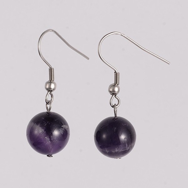 

PandaHall Round 304 Stainless Steel Natural Amethyst Dangle Earrings, 35mm, Pin: 0.8mm Amethyst