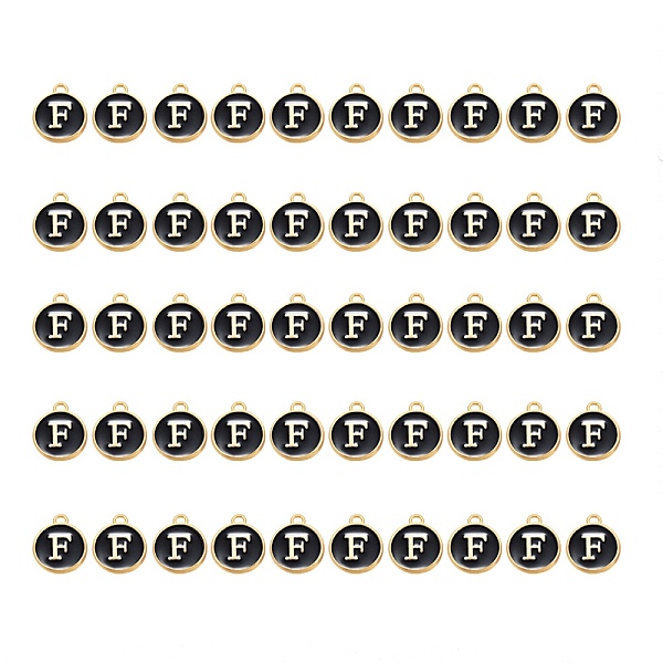

PandaHall Golden Plated Alloy Charms, with Enamel, Enamelled Sequins, Flat Round, Black, Letter.F, 14x12x2mm, Hole: 1.5mm, 50pcs/Box...