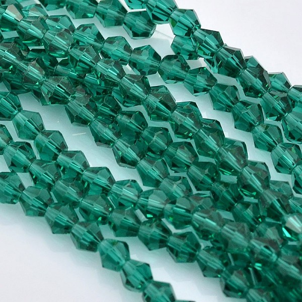 

PandaHall Faceted Bicone Glass Beads Strands, Teal, 4x4mm, Hole: 1mm, about 92~96pcs/strand, 13.78~14.37 inch Glass Bicone Cyan