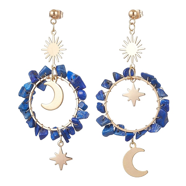 

PandaHall Vintage Natural Lapis Lazuli Ear Studs, with 304 Stainless Steel Findings, Ring with Moon, 73x34mm Lapis Lazuli Ring