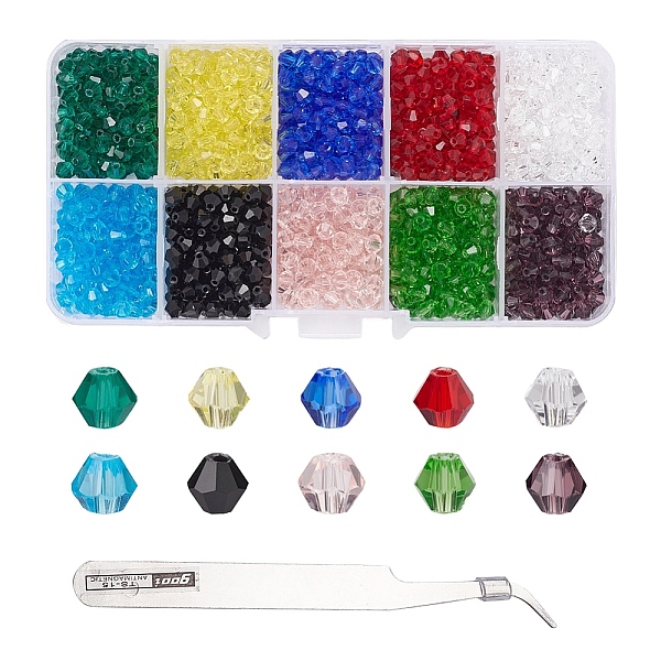 PandaHall DIY Jewelry Making Kits, Including Faceted Bicone Glass Beads, 1500Pcs 10 Style, Curved Tip 410 Stainless Steel Pointed Tweezers...