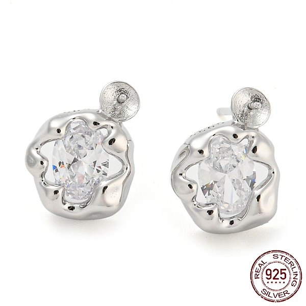 

PandaHall Rhodium Plated Flower 925 Sterling Silver with Clear Cubic Zirconia Stud Earring Findings, Earring Settings for Half Drilled Beads...