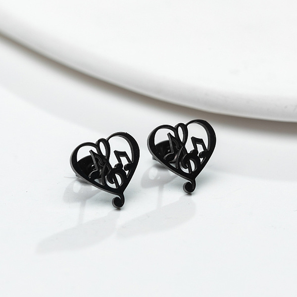 PandaHall 304 Stainless Steel Heart with Music Note Stud Earrings with 316 Stainless Steel Pins for Women, Electrophoresis Black, 13x13mm...