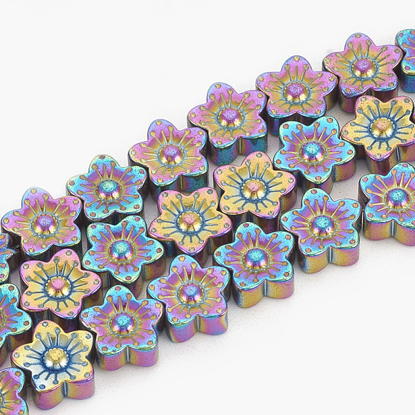 PandaHall Electroplate Non-magnetic Synthetic Hematite Beads Strands, Flower, Multi-color Plated, 10x10x4mm, Hole: 1mm, about 45pcs/strand...