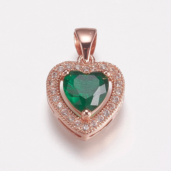 

PandaHall Brass Micro Pave Cubic Zirconia Charms, Heart, Green, Rose Gold, 14x12x5mm, Hole: 3x5mm Brass+Cubic Zirconia Heart Green
