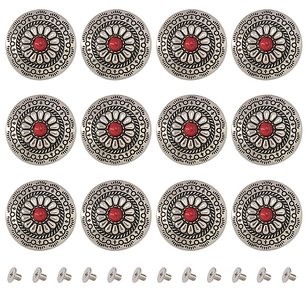 

PandaHall Gorgecraft 12 Sets Alloy & Turquoise Craft Solid Screw Rivet, with Iron Findings, Flat Round with Flower Pattern, for DIY Luggage..., Red