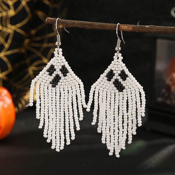 White Ghost Pattern Glass Bead Tassel Earrings For Women