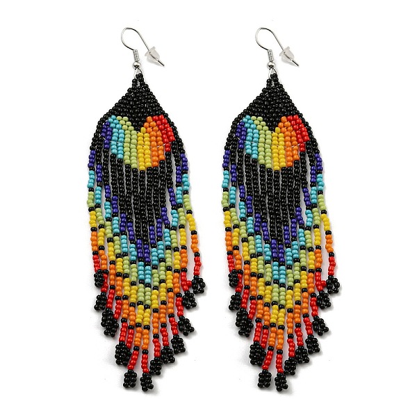 

PandaHall Boho Rainbow Color Seed Bead Heart Tassel Earrings, Iron Dangle Earring for Women, Black, 125x35mm Seed Beads Heart Black