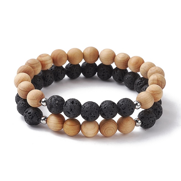 

PandaHall Natural Lava Rock & Wooden Round Beaded Stretch Bracelet, Mixed Color, Inner Diameter: 2 inch(5cm), 2pcs/set Lava Rock Round..., Multicolor