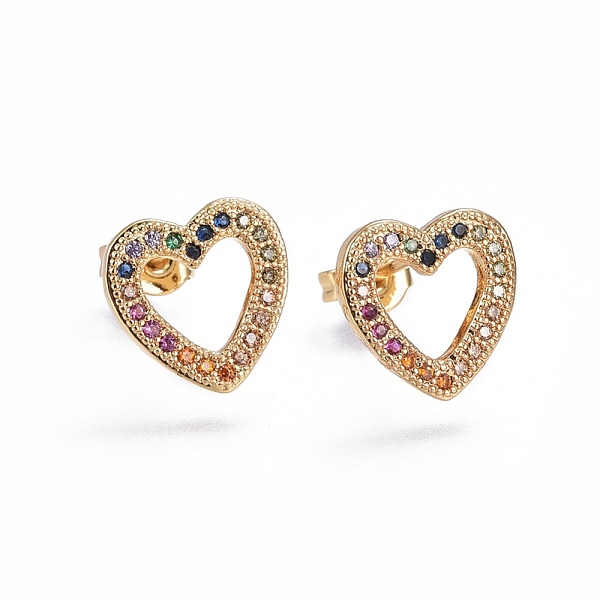 

PandaHall Brass Micro Pave Cubic Zirconia Stud Earrings, Heart, Golden, Colorful, 11.4x11.3x1.7mm, Pin: 0.7mm Cubic Zirconia