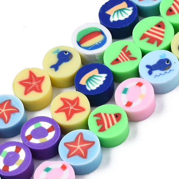 PandaHall Handmade Polymer Clay Beads Strands, Flat Round, Mixed Color, 9.5x5mm, Hole: 1.6mm, about 40pcs/strand, 14.57 inch~14.76 inch...