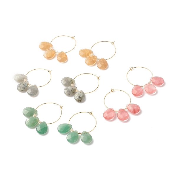 

PandaHall Gemstone Teardrop Beaded Hoop Earrings for Women, Golden, 47x41x4.6mm, Pin: 0.7mm Mixed Stone Teardrop