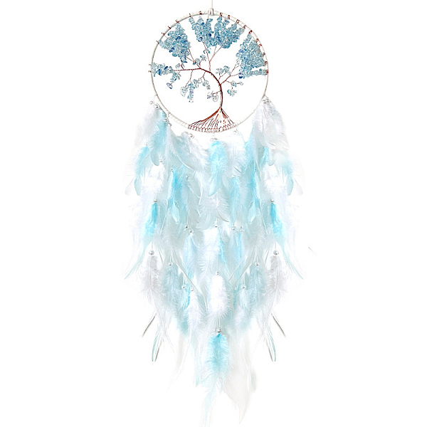 

PandaHall Woven Net/Web with Feather Wind Chime, Tree of Life Glass Chips and Iron Findings for Home Room Ornaments, Sky Blue, 700x160mm...