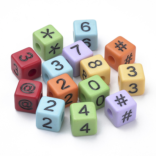 

PandaHall Opaque Acrylic Beads, Cube with Number, Mixed Color, 10x10x10mm, Hole: 3.5mm, about 550pcs/500g Acrylic Cube Multicolor