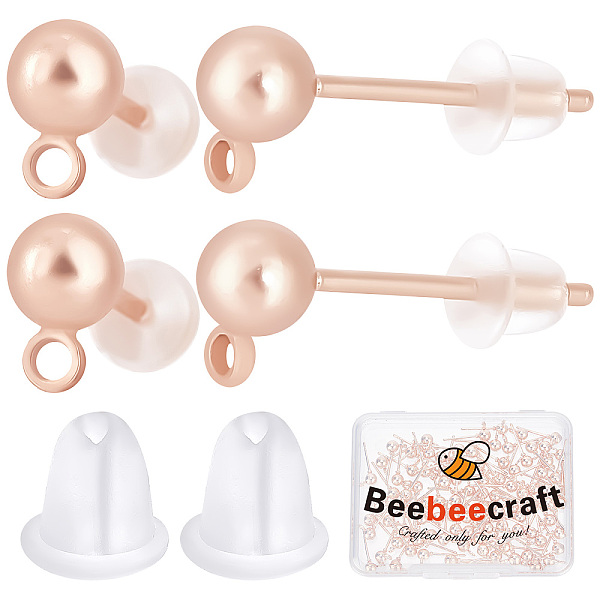 

PandaHall Beebeecraft 1 Box 100Pcs Ball Stud Earring Findings Stainless Steel Rose Gold Stud Post Earrings Components with Loop and 100Pcs...