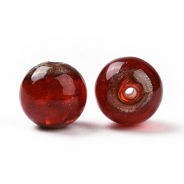

PandaHall Handmade Gold Sand Lampwork Beads, Round, Red, 14.5x13.5~14mm, Hole: 1.6~2mm Lampwork Round Red