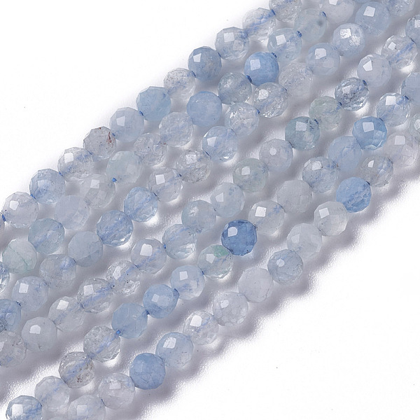PandaHall Natural Aquamarine Beads Strands, Faceted, Round, 3~3.5x2.5~3mm, Hole: 0.3mm, about 114~141pcs/strand, 15.1~16.4 inch(38.4~41.8cm)...