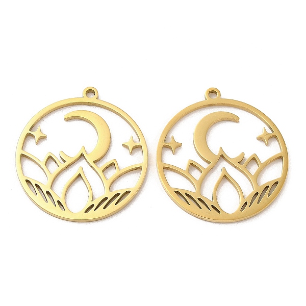

PandaHall Ion Plating(IP) 304 Stainless Steel Pendants, Flat Round with Flower & Moon Charm, Real 18K Gold Plated, 27x25x1.5mm, Hole: 1.6mm...