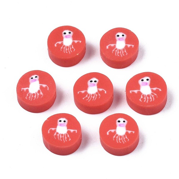 

PandaHall Handmade Polymer Clay Beads, Flat Round with Octopus Pattern, Red, 9.5~10x4.5mm, Hole: 1.8mm Polymer Clay Flat Round Red