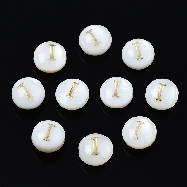 PandaHall Natural Freshwater Shell Beads, with Golden Plated Brass Etched Metal Embellishments, Flat Round with Letter, Seashell Color...