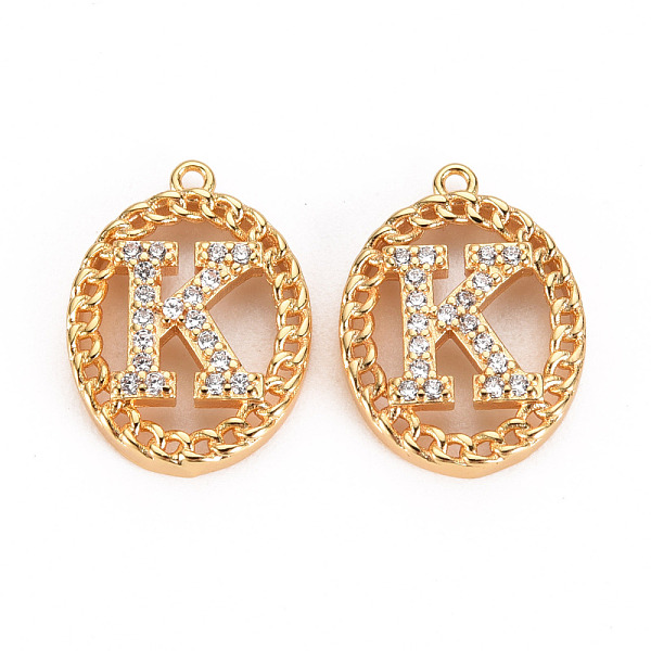 

PandaHall Brass Micro Pave Clear Cubic Zirconia Pendants, Nickel Free, Real 18K Gold Plated, Oval with Word, Letter.K, 17x13x3mm, Hole: 1mm...