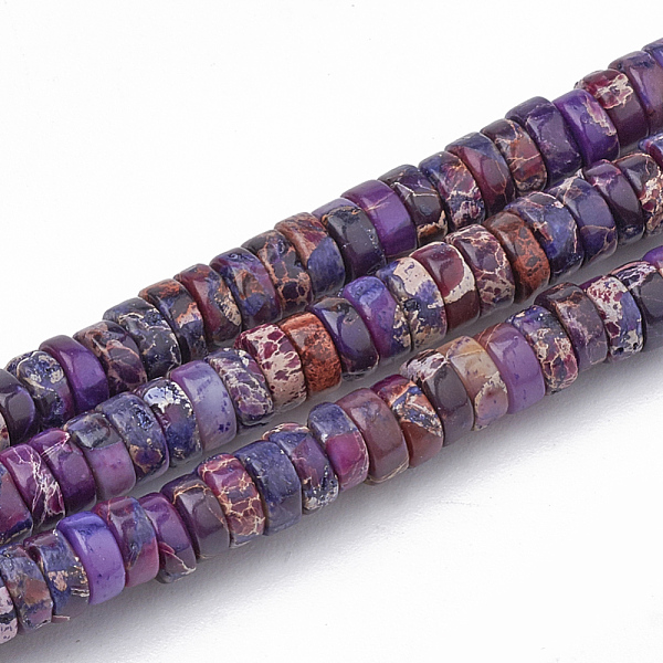 

PandaHall Synthetic Imperial Jasper Beads Strands, Heishi Beads, Flat Round/Disc, Purple, 4~5x2~2.5mm, Hole: 0.5mm, about 173pcs/strand...