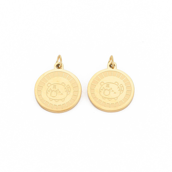 

PandaHall Ion Plating(IP) 304 Stainless Steel Pendants, with Jump Rings, Flat Round with Tiger, Real 14K Gold Plated, 15x13x1.5mm, Jump Ring...