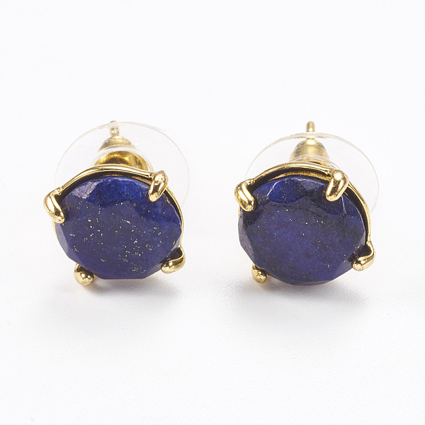 

PandaHall Natural Lapis Lazuli Stud Earrings, with Golden Tone Brass Findings, Faceted Flat Round, 11mm, Pin: 0.8mm Lapis Lazuli