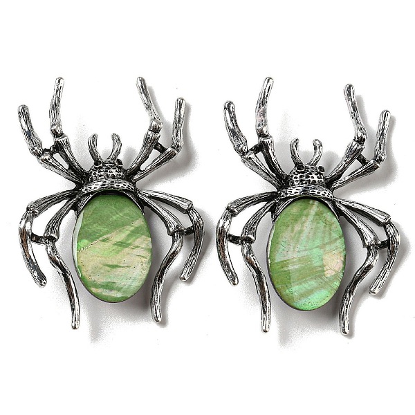 

PandaHall Dual-use Items Alloy Pave Dyed Shell Spider Brooch, with Jet Rhinestone, Antique Silver, Light Green, 57.5~58x41.5~42x12.5mm, Hole...