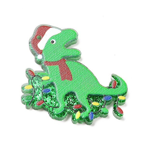 

PandaHall Printed Acrylic Pendants, with Glitter Sequins, for Christmas, Dinosaur with Hat Charm, Lime Green, 42x31x2mm, Hole: 1.6mm...