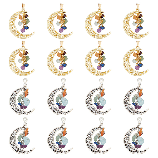

PandaHall HOBBIESAY 16Pcs 2 Styles 7 Chakra Natural Mixed Gemstone Chip Pendants, Alloy Moon Charms, Mixed Color, 40~40.5x30~35x1.8~4mm...