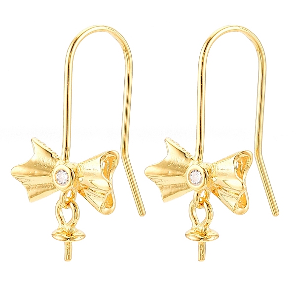 925 Sterling Silver Earring Hooks, with Clear Cubic Zirconia, Ear Wire with Pinch Bails, for Half Drilled Beads, with S925 Stamp, Bowknot, Real 18K Gold Plated, 20.5x10-12x0.6mm, Pin: 0.6mm, tray pin: 0.6mm, bowknot: 5.5x10.5x3mm