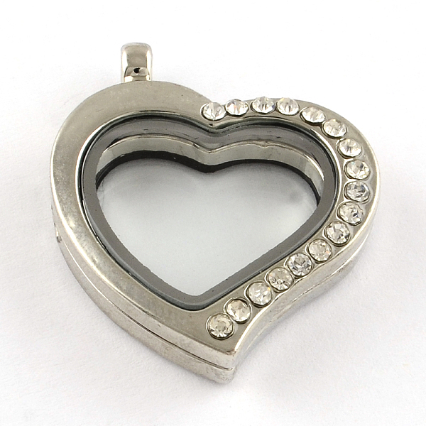 

PandaHall Heart Alloy Rhinestone Magnetic Floating Locket Pendants, Cadmium Free & Lead Free, with Glass Cabochons, Platinum, 34x29x7mm..., Clear