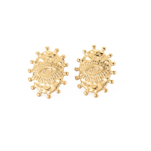 

PandaHall Ion Plating(IP) 304 Stainless Steel Stud Earring Findings, Earring Setting for Enamel, with Ear Nuts and Loops, Oval with Evil Eye...