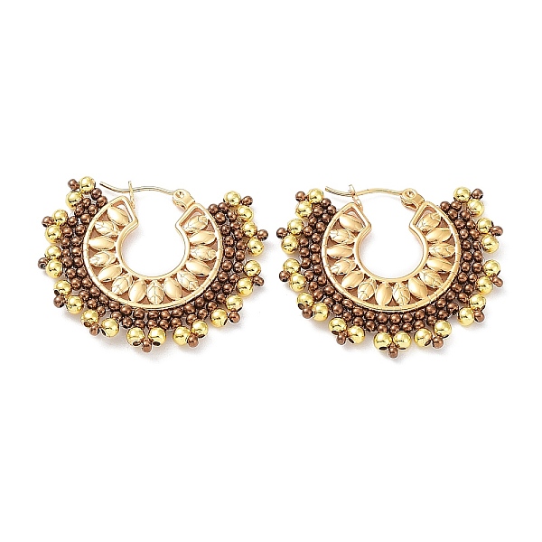 

PandaHall Vacuum Plating 304 Stainless Steel Earrings, Glass & Brass Beaded Half Round Hoop Earrings, Saddle Brown, 31x36x3mm Glass Half...