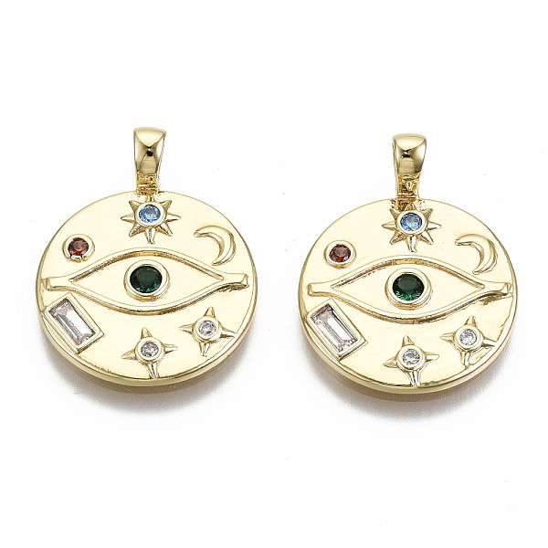 

PandaHall Brass Micro Pave Colorful Cubic Zirconia Pendants, Nickel Free, Flat Round with Eye & Moon & Star & Sun, Real 18K Gold Plated...
