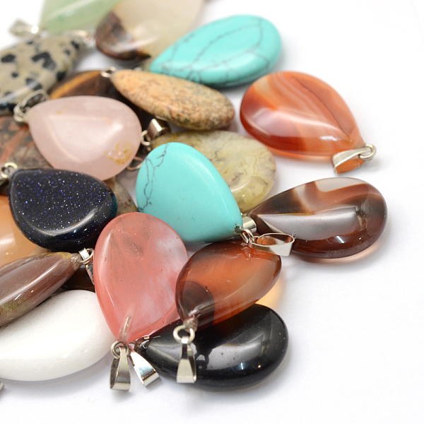 

PandaHall Teardrop Natural & Synthetic Mixed Stone Pendants, with Platinum Tone Brass Findings, 25~29x16~17x5~6mm, Hole: 2x7mm Mixed Stone...