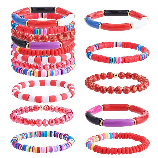 

PandaHall 8Pcs 6 Style Synthetic Imperial Jasper & GLass Beaded Stretch Bracelets Set, Polymer Clay Heishi Surfer Bracelets, Acrylic Curved..., Red