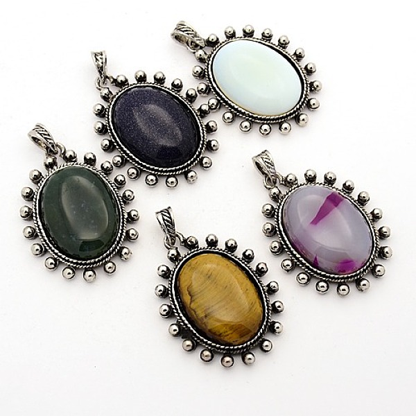 

PandaHall Gemstone Pendants, with Antique Silver Alloy Pendant Settings, Oval, Natural & Synthetic Mixed Stone, 47x35x10mm, Hole: 5x8mm..., Multicolor