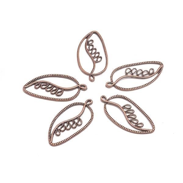 PandaHall Tibetan Style Alloy Pendants, Leaf, Nickel Free, Red Copper, 38x19x1.5mm, Hole: 3x2mm Alloy Leaf