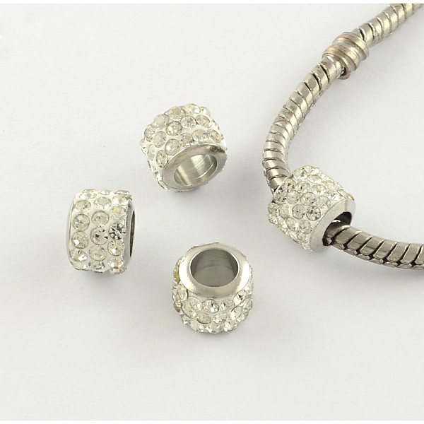 

PandaHall Rondelle Handmade Polymer Clay Rhinestone European Beads, with Silver Color Plated Brass Cores, Large Hole Beads, Crystal, 9x7mm..., Clear