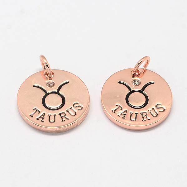 

PandaHall Alloy Pendants, with Rhinestone, Flat Round, with Constellation/Zodiac Sign, Rose Gold, Taurus, 22x2.5mm, Hole: 5.5mm..., Clear