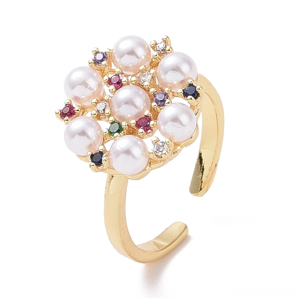 

PandaHall Colorful Cubic Zirconia Flower Open Ring with Acrylic Pearl Beaded, Brass Jewelry for Women, Cadmium Free & Lead Free, Real 18K...