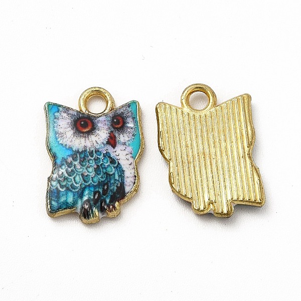 

PandaHall Printed Alloy Pendants, Lead Free & Cadmium Free & Nickel Free, Owl Charm, Golden, Cyan, 15x10.5x2mm, Hole: 1.8mm Alloy Owl Cyan